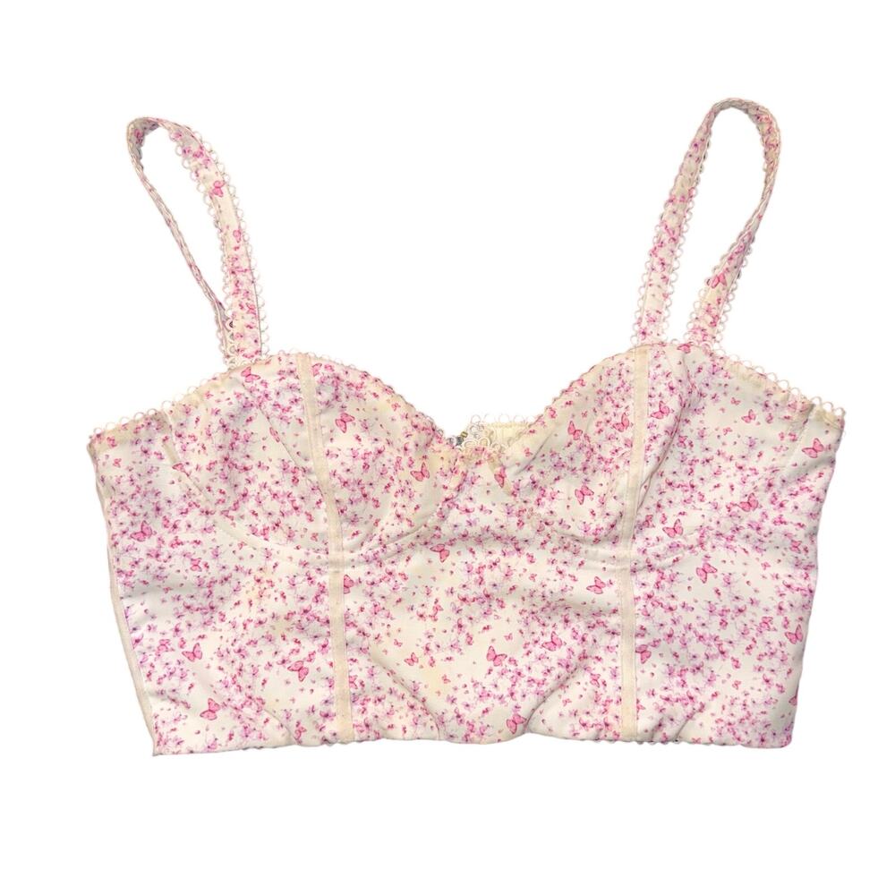 White Fox Pink Butterfly Floral Corset Top Y2K Bustier Cropped Cami Lace Trim M